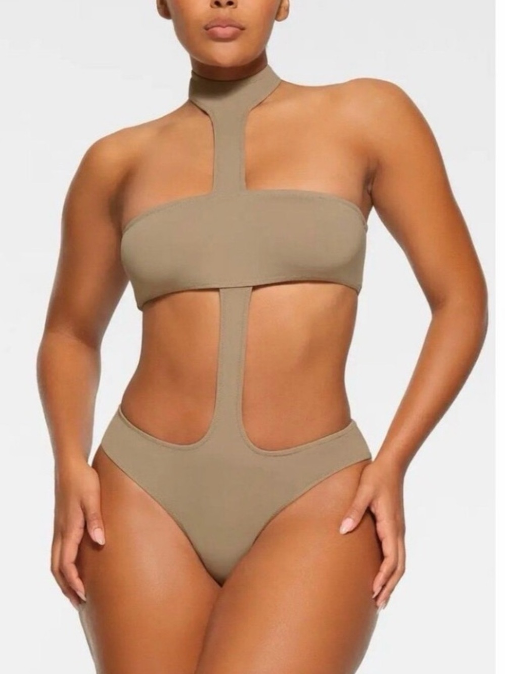SKIMS RECYCLED SWIM CUT OUT CUT OUT HALTER MONOKINI | COLOR: DESERT | SIZE: XS